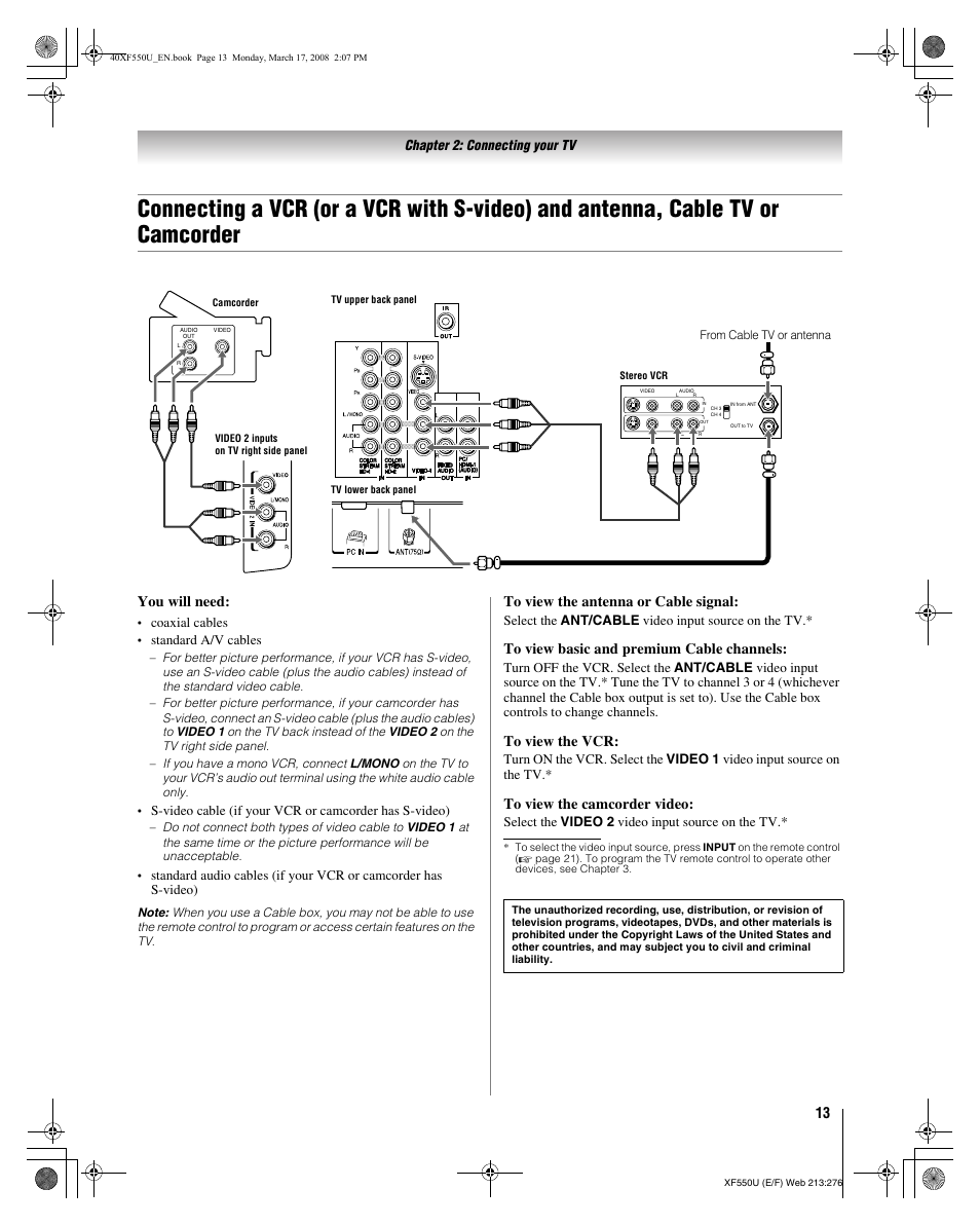 You will need | Toshiba 2XF550U User Manual | Page 13 / 74