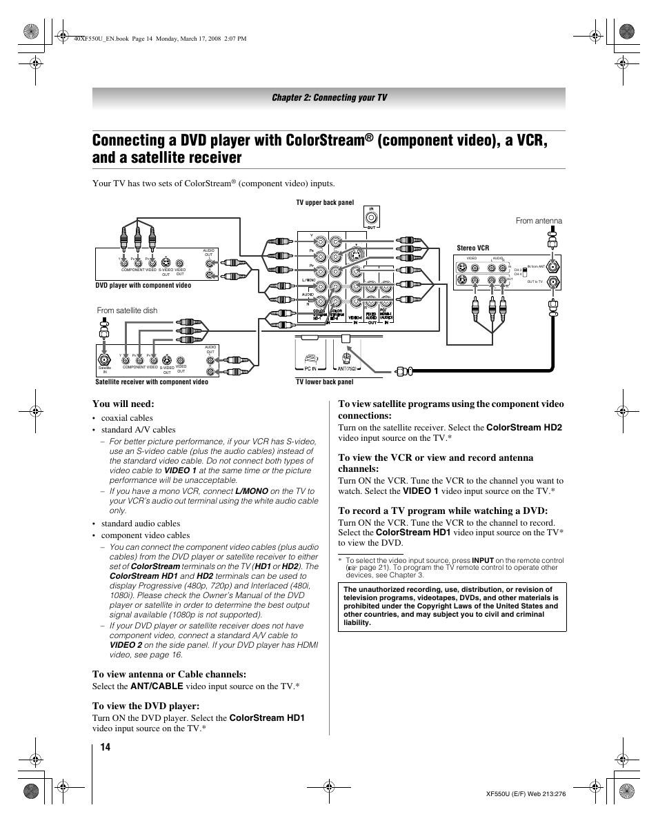 Connecting a dvd player with colorstream, Component video), a vcr, and a satellite receiver, You will need | Chapter 2: connecting your tv, Your tv has two sets of colorstream, Component video) inputs, Coaxial cables, Standard a/v cables, Standard audio cables, Component video cables | Toshiba 2XF550U User Manual | Page 14 / 74