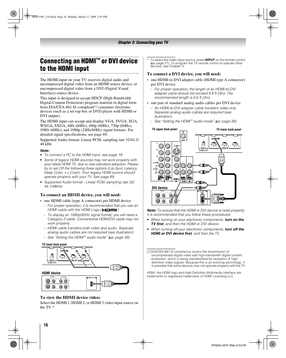 Connecting an hdmi, Or dvi device to the hdmi input | Toshiba 2XF550U User Manual | Page 16 / 74