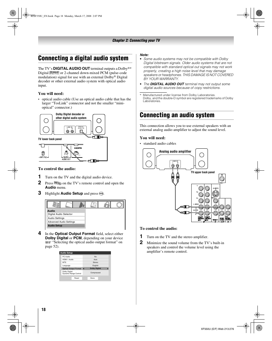 Connecting a digital audio system, Connecting an audio system, You will need | Toshiba 2XF550U User Manual | Page 18 / 74