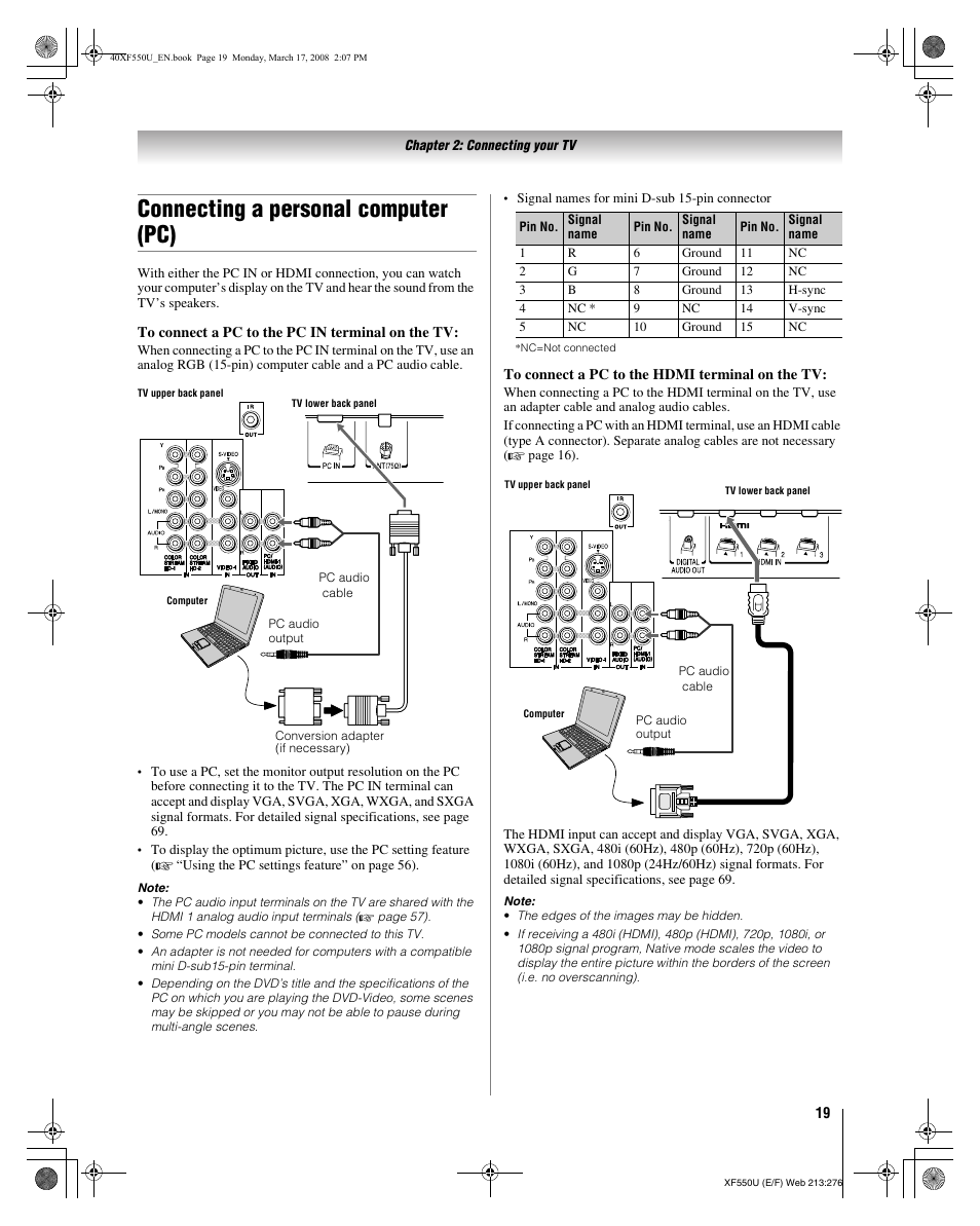 Connecting a personal computer (pc) | Toshiba 2XF550U User Manual | Page 19 / 74