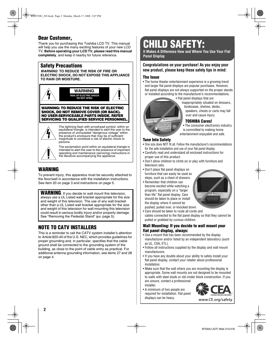 Child safety, Dear customer, Warning | Safety precautions | Toshiba 2XF550U User Manual | Page 2 / 74