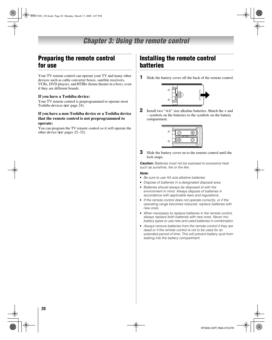 Chapter 3: using the remote control, Preparing the remote control for use, Installing the remote control batteries | Toshiba 2XF550U User Manual | Page 20 / 74