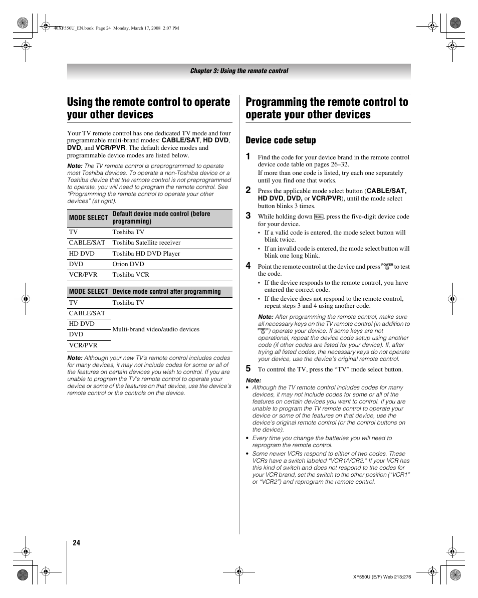 Device code setup 1 | Toshiba 2XF550U User Manual | Page 24 / 74