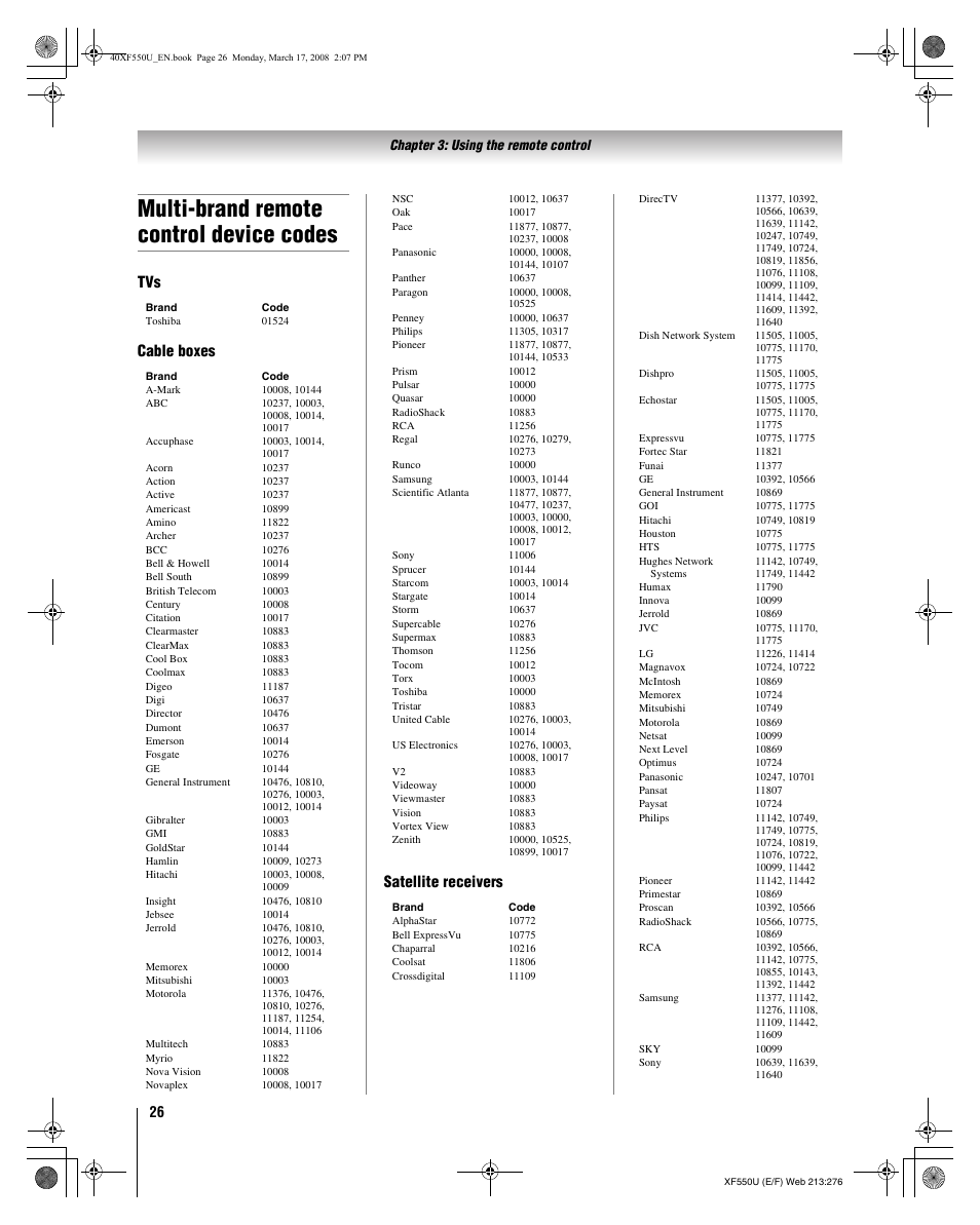 Multi-brand remote control device codes, Tvs cable boxes satellite receivers | Toshiba 2XF550U User Manual | Page 26 / 74