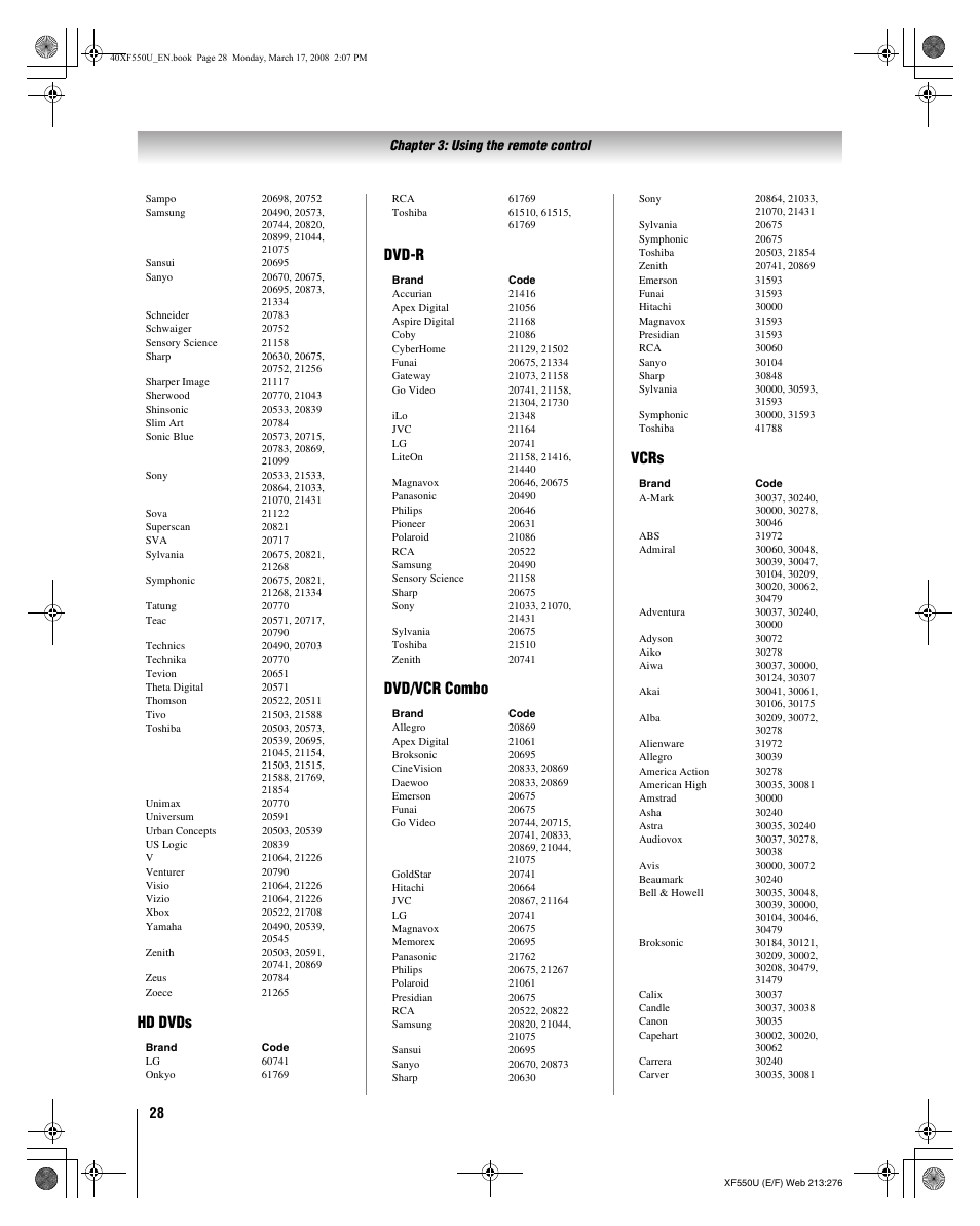 Hd dvds dvd-r dvd/vcr combo vcrs | Toshiba 2XF550U User Manual | Page 28 / 74