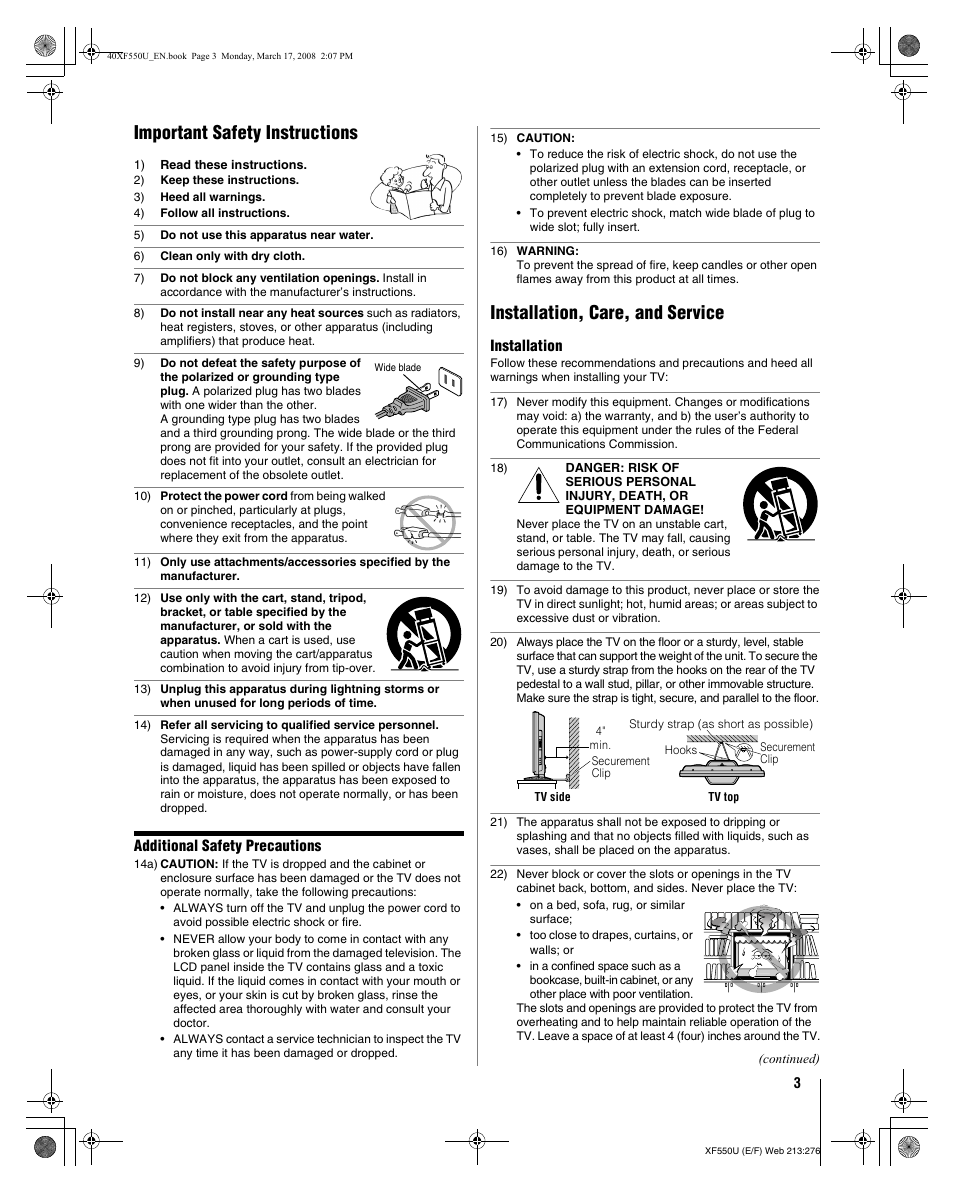 Important safety instructions, Installation, care, and service, Additional safety precautions | Installation | Toshiba 2XF550U User Manual | Page 3 / 74