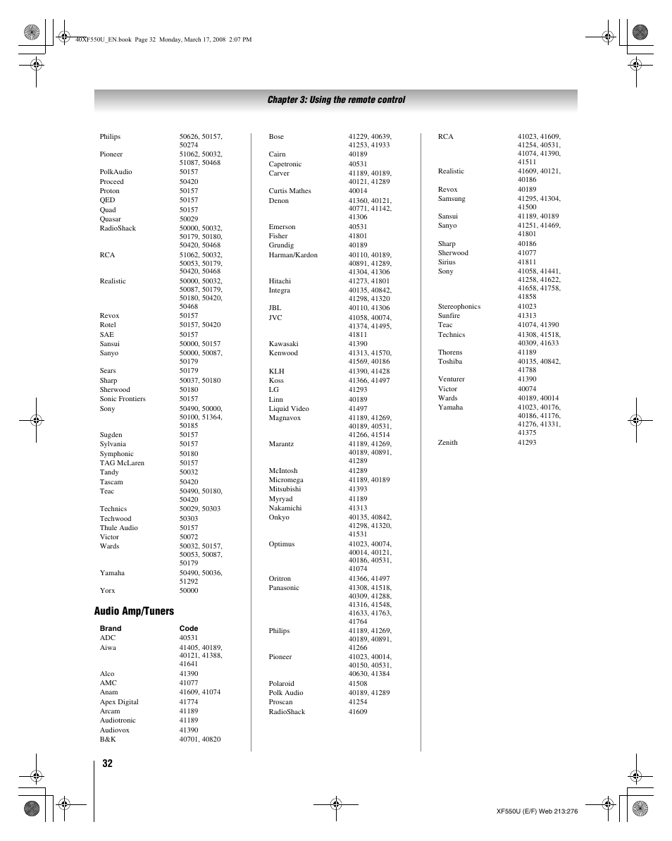 Audio amp/tuners | Toshiba 2XF550U User Manual | Page 32 / 74