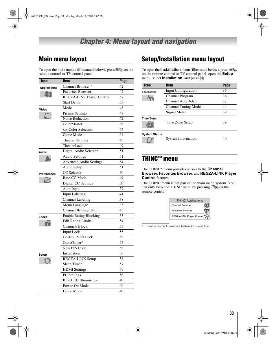 Chapter 4: menu layout and navigation, Main menu layout, Setup/installation menu layout | Thinc, Menu | Toshiba 2XF550U User Manual | Page 33 / 74