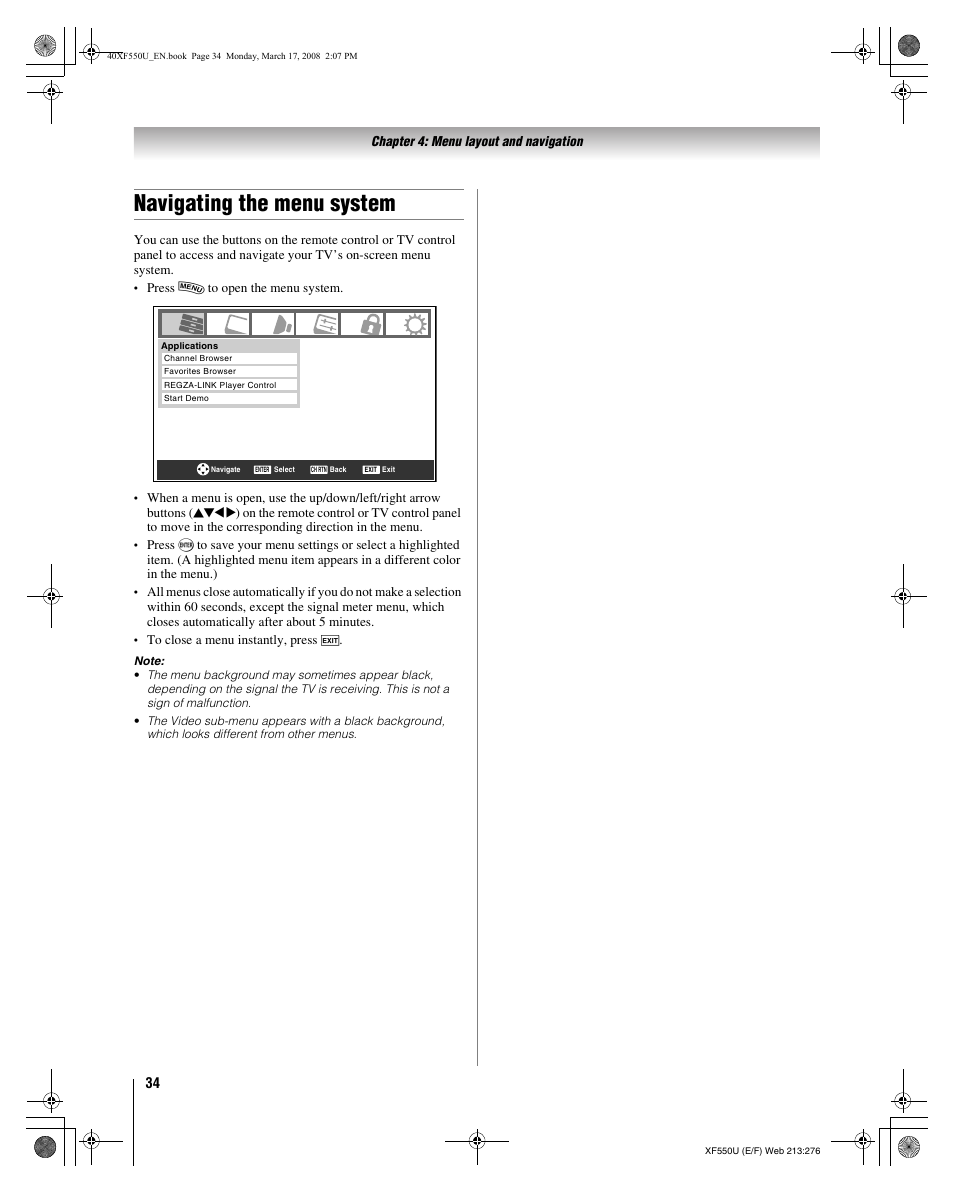 Navigating the menu system | Toshiba 2XF550U User Manual | Page 34 / 74