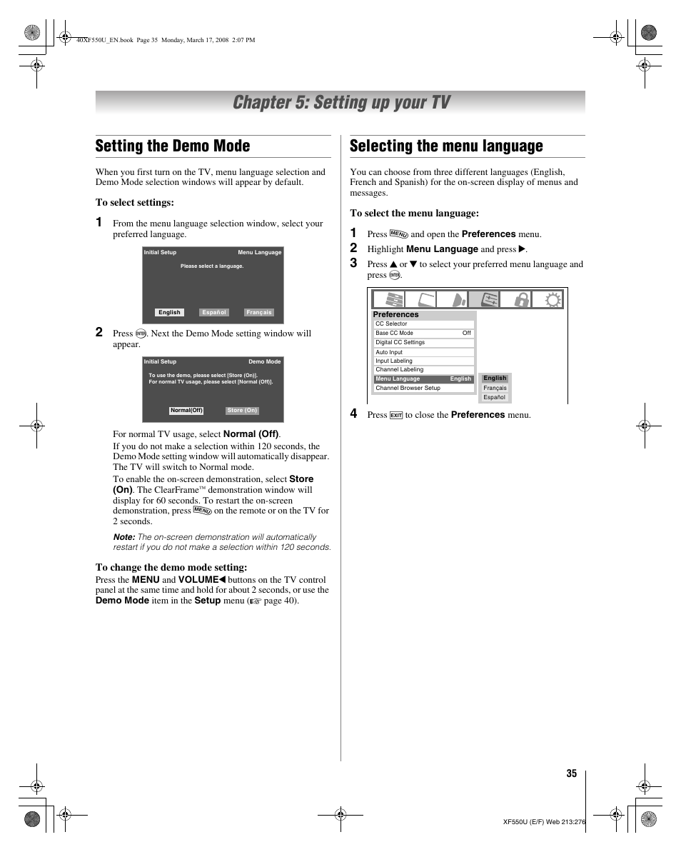 Chapter 5: setting up your tv, Setting the demo mode, Selecting the menu language | Toshiba 2XF550U User Manual | Page 35 / 74