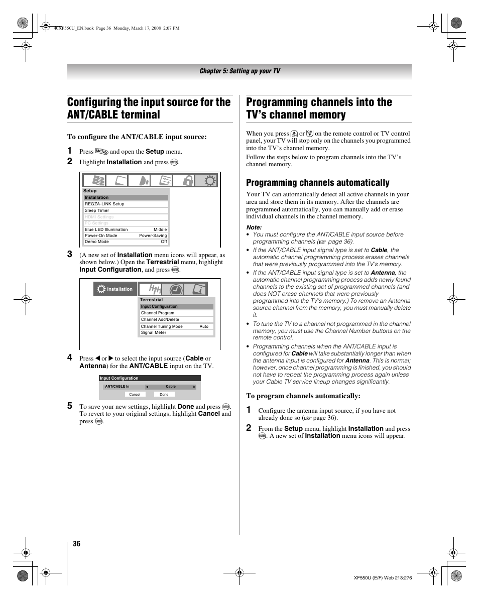 Programming channels automatically | Toshiba 2XF550U User Manual | Page 36 / 74