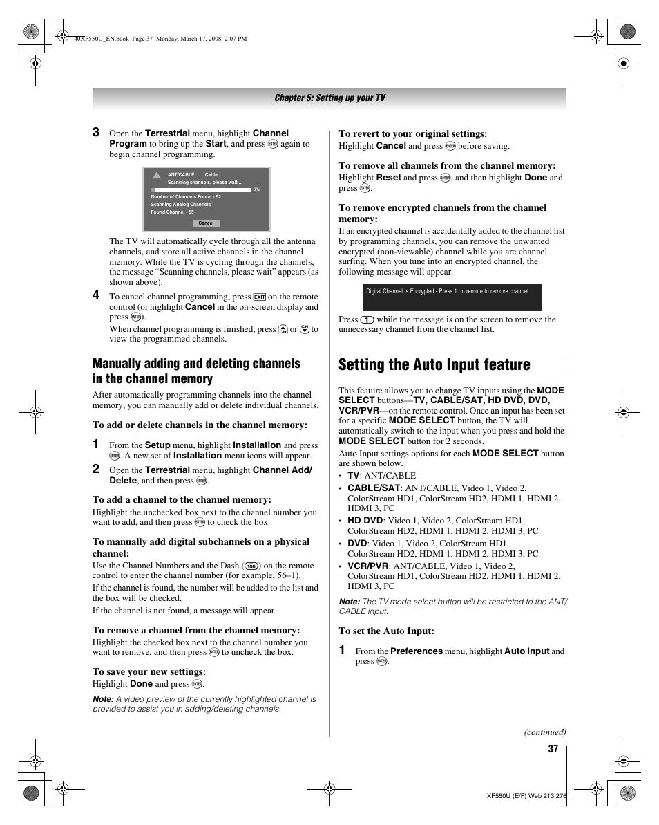 Setting the auto input feature | Toshiba 2XF550U User Manual | Page 37 / 74