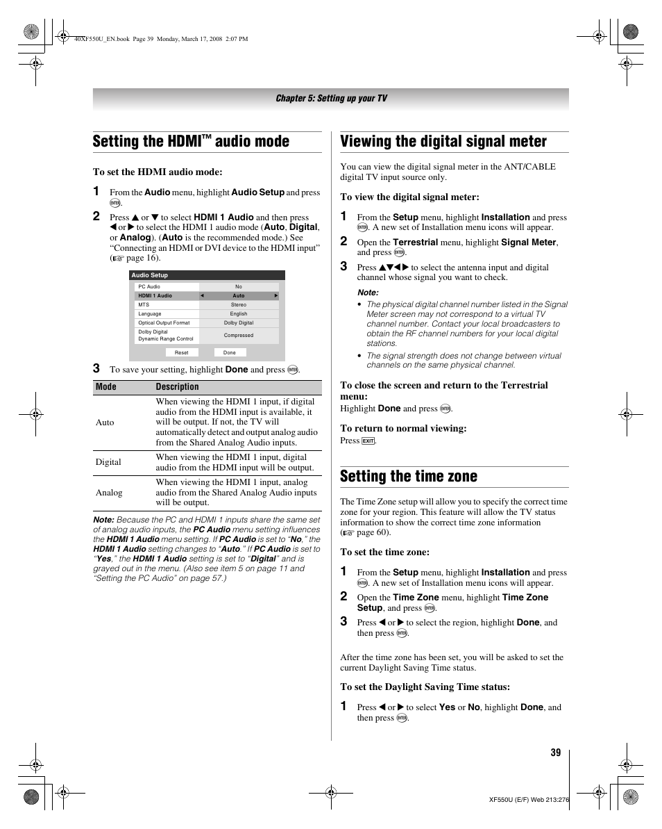 Setting the hdmi, Audio mode, Viewing the digital signal meter | Setting the time zone | Toshiba 2XF550U User Manual | Page 39 / 74