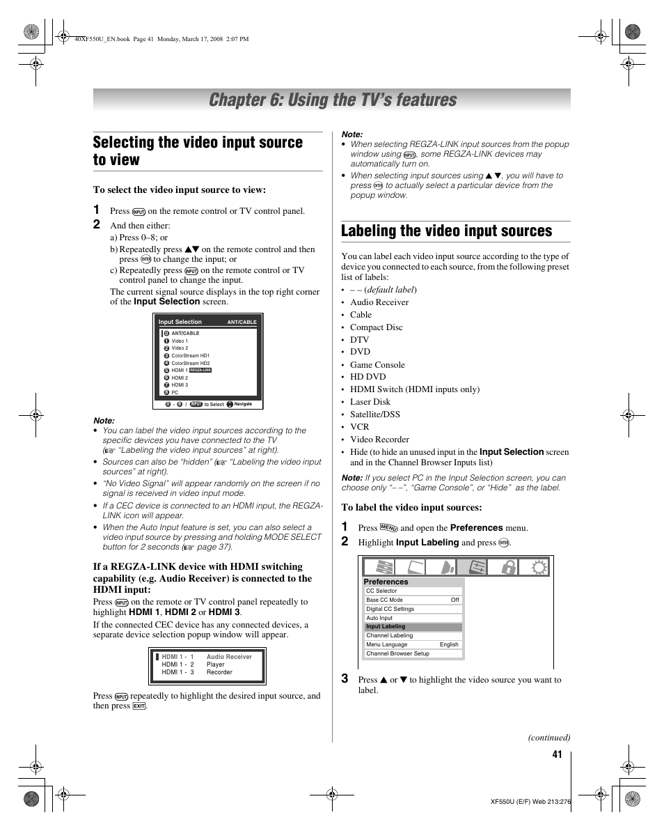 Chapter 6: using the tv’s features, Selecting the video input source to view, Labeling the video input sources | Toshiba 2XF550U User Manual | Page 41 / 74