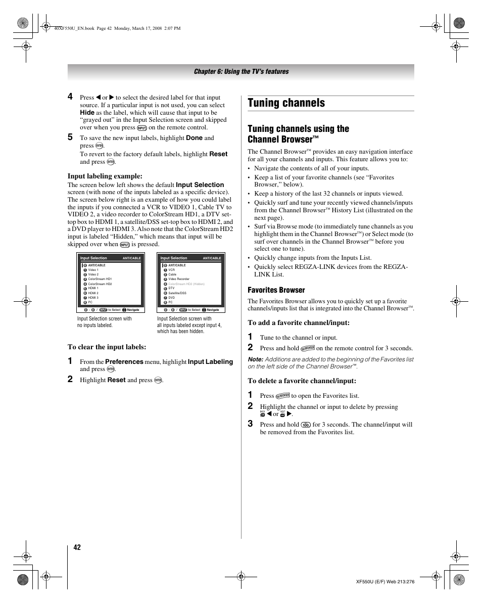 Tuning channels, Tuning channels using the channel browser, Favorites browser | Input labeling example | Toshiba 2XF550U User Manual | Page 42 / 74