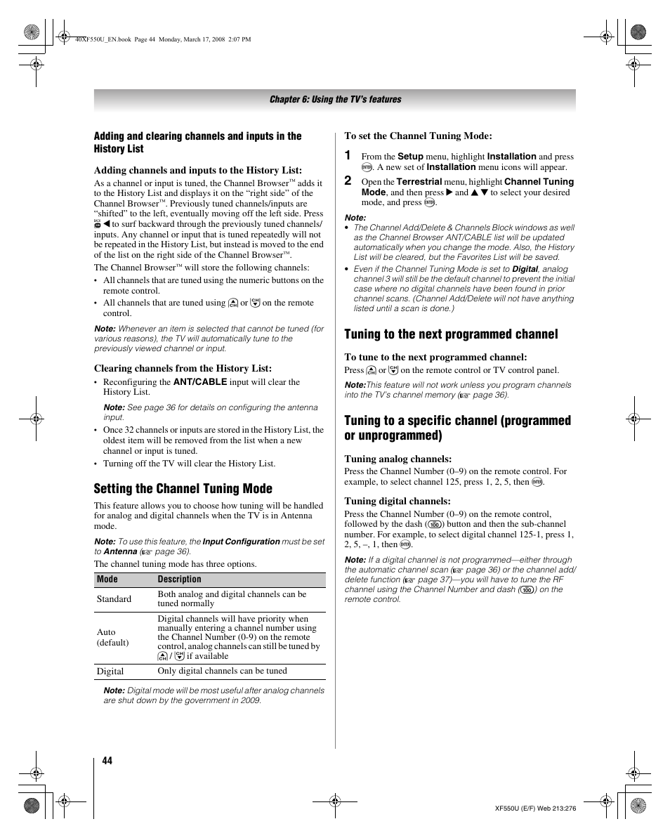 Setting the channel tuning mode, Tuning to the next programmed channel | Toshiba 2XF550U User Manual | Page 44 / 74