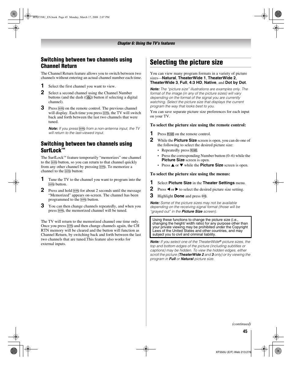 Selecting the picture size, Switching between two channels using surflock | Toshiba 2XF550U User Manual | Page 45 / 74