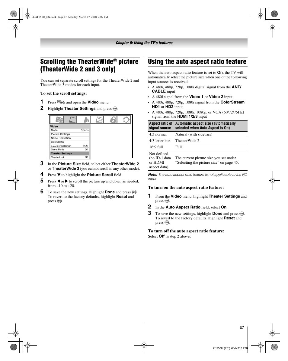 Scrolling the theaterwide, Picture (theaterwide 2 and 3 only), Using the auto aspect ratio feature | Toshiba 2XF550U User Manual | Page 47 / 74