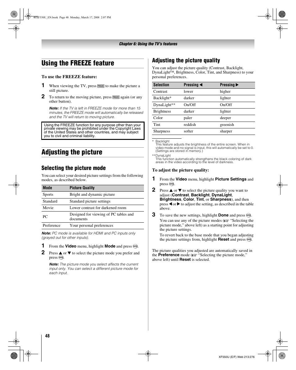 Using the freeze feature, Adjusting the picture, Selecting the picture mode | Adjusting the picture quality | Toshiba 2XF550U User Manual | Page 48 / 74