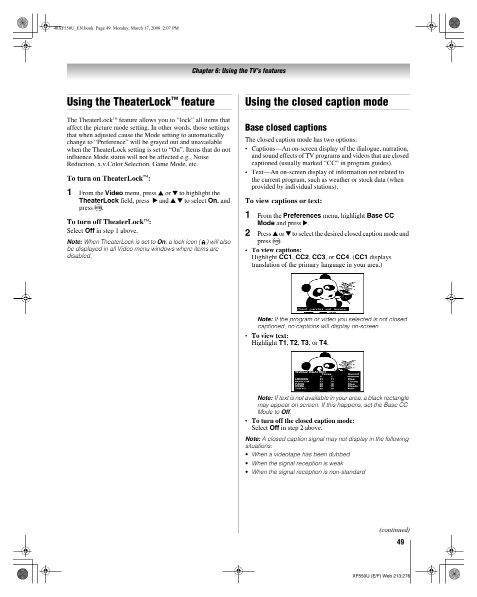 Using the theaterlock, Feature, Using the closed caption mode | Base closed captions | Toshiba 2XF550U User Manual | Page 49 / 74