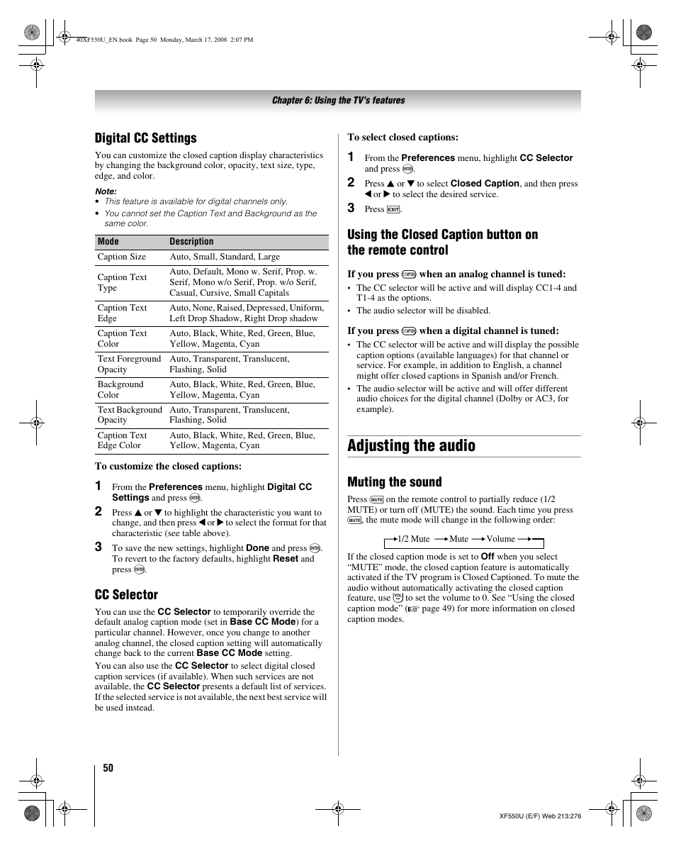 Adjusting the audio, Digital cc settings, Cc selector | Muting the sound | Toshiba 2XF550U User Manual | Page 50 / 74