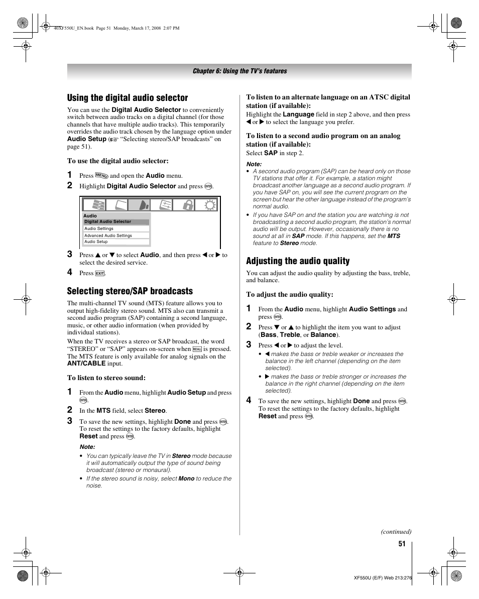 Using the digital audio selector, Selecting stereo/sap broadcasts, Adjusting the audio quality | Toshiba 2XF550U User Manual | Page 51 / 74