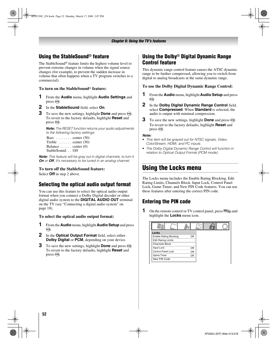 Using the locks menu, Using the stablesound, Feature | Selecting the optical audio output format, Using the dolby, Digital dynamic range control feature, Entering the pin code 1 | Toshiba 2XF550U User Manual | Page 52 / 74