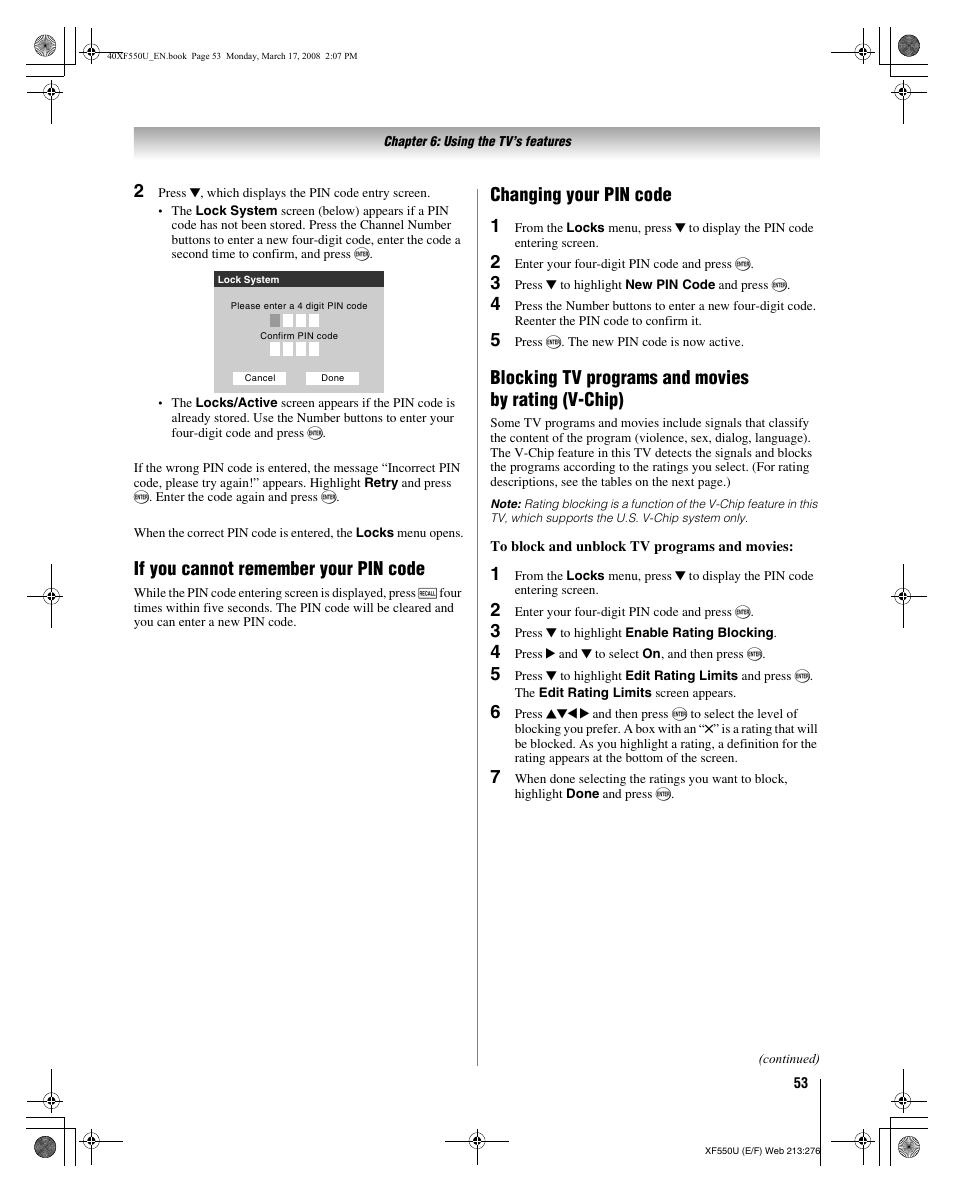 If you cannot remember your pin code, Changing your pin code 1, Blocking tv programs and movies by rating (v-chip) | Toshiba 2XF550U User Manual | Page 53 / 74