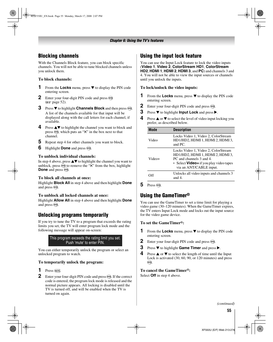 Blocking channels, Unlocking programs temporarily, Using the input lock feature | Using the gametimer | Toshiba 2XF550U User Manual | Page 55 / 74