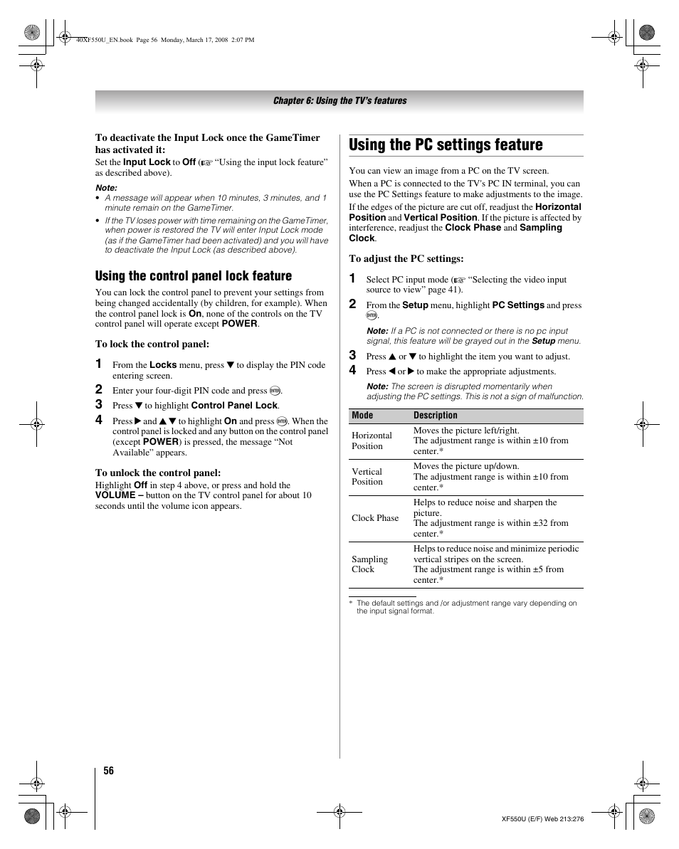 Using the pc settings feature, Using the control panel lock feature | Toshiba 2XF550U User Manual | Page 56 / 74