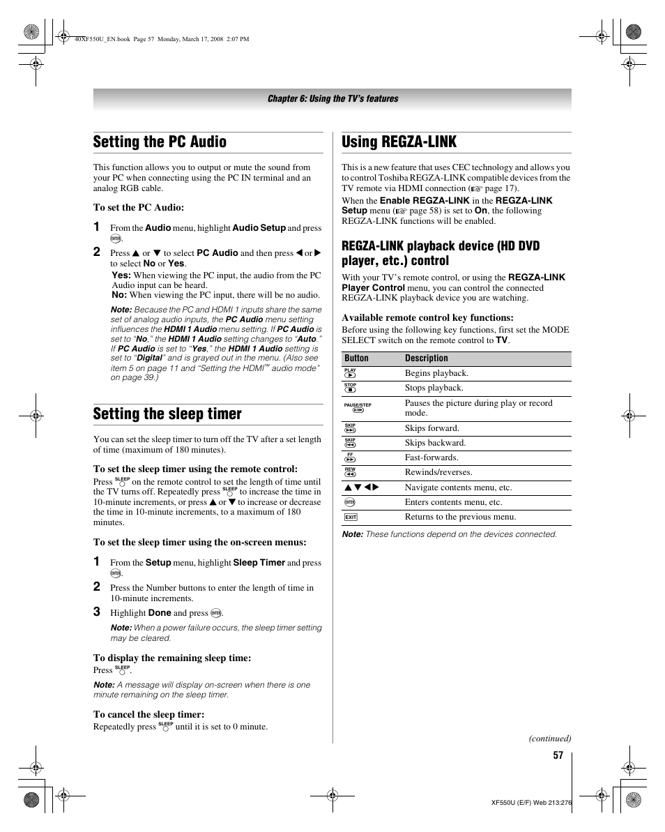 Setting the pc audio, Setting the sleep timer, Using regza-link | Toshiba 2XF550U User Manual | Page 57 / 74