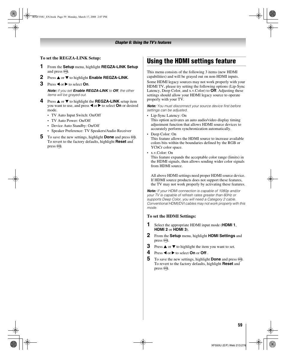 Using the hdmi settings feature | Toshiba 2XF550U User Manual | Page 59 / 74