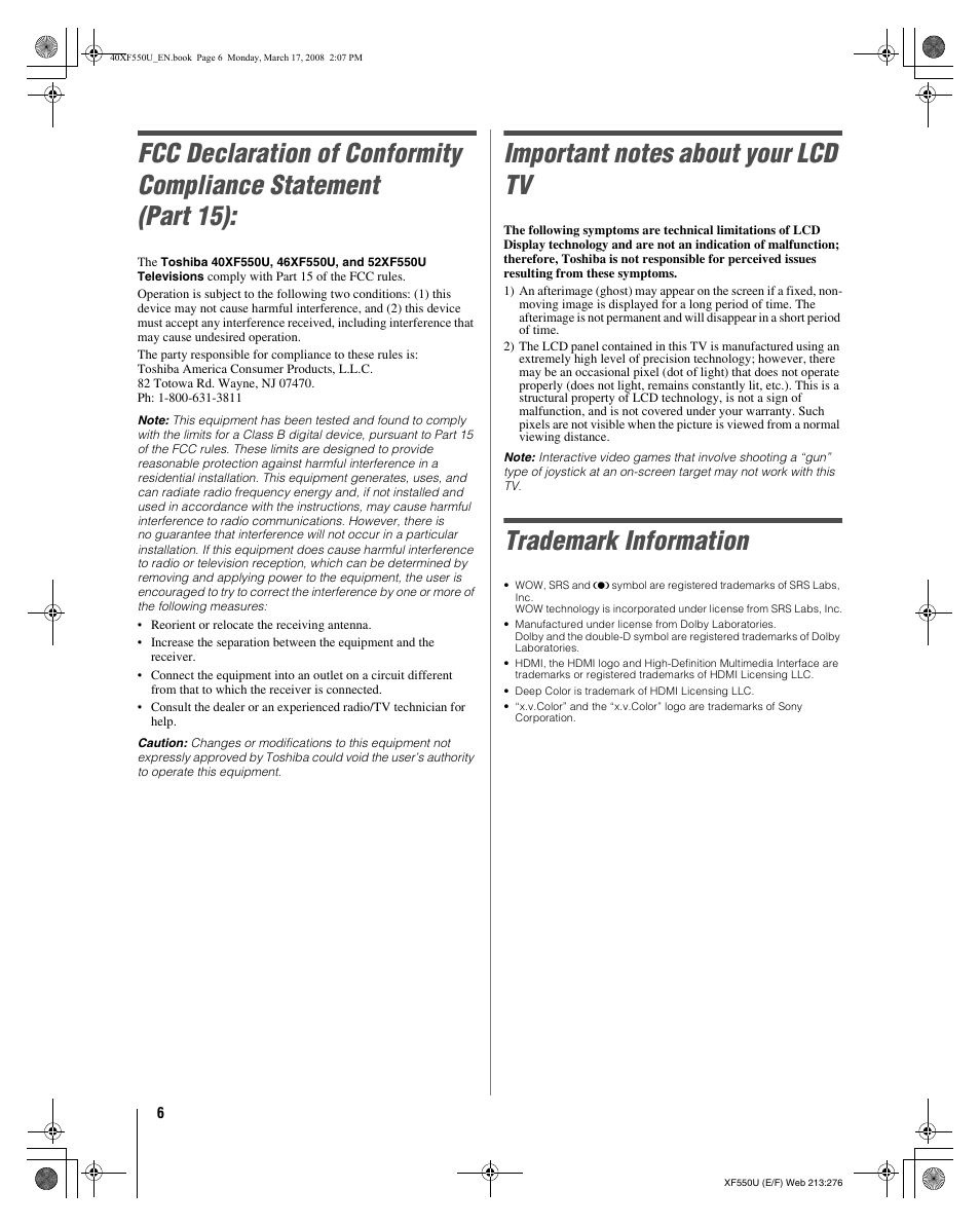 Trademark information | Toshiba 2XF550U User Manual | Page 6 / 74