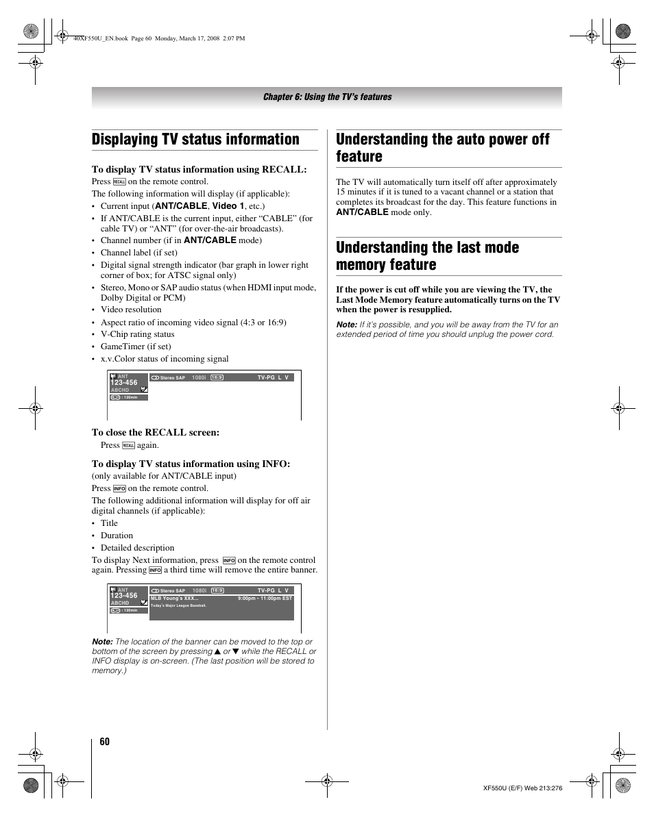 Displaying tv status information, Understanding the auto power off feature | Toshiba 2XF550U User Manual | Page 60 / 74