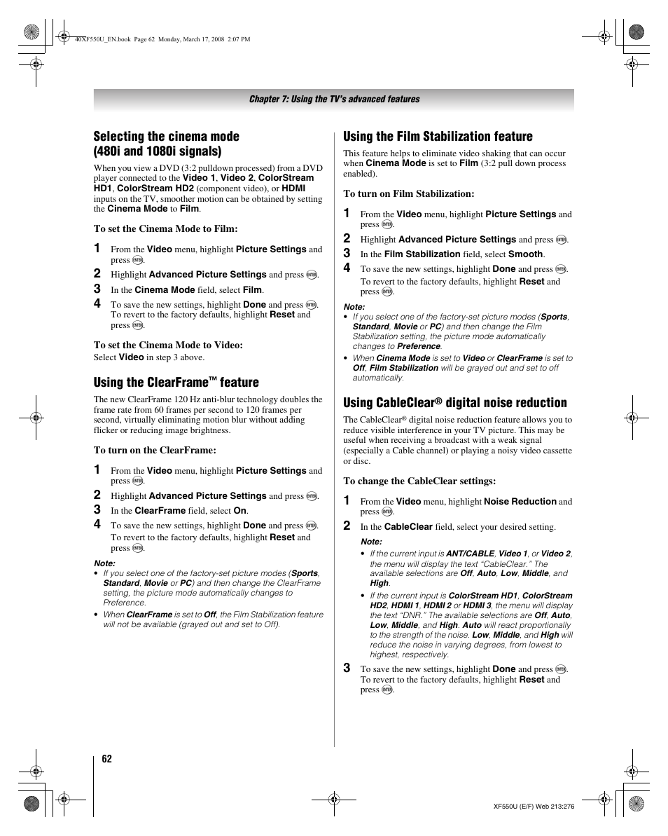 Using the clearframe, Feature, Using the film stabilization feature | Using cableclear, Digital noise reduction | Toshiba 2XF550U User Manual | Page 62 / 74