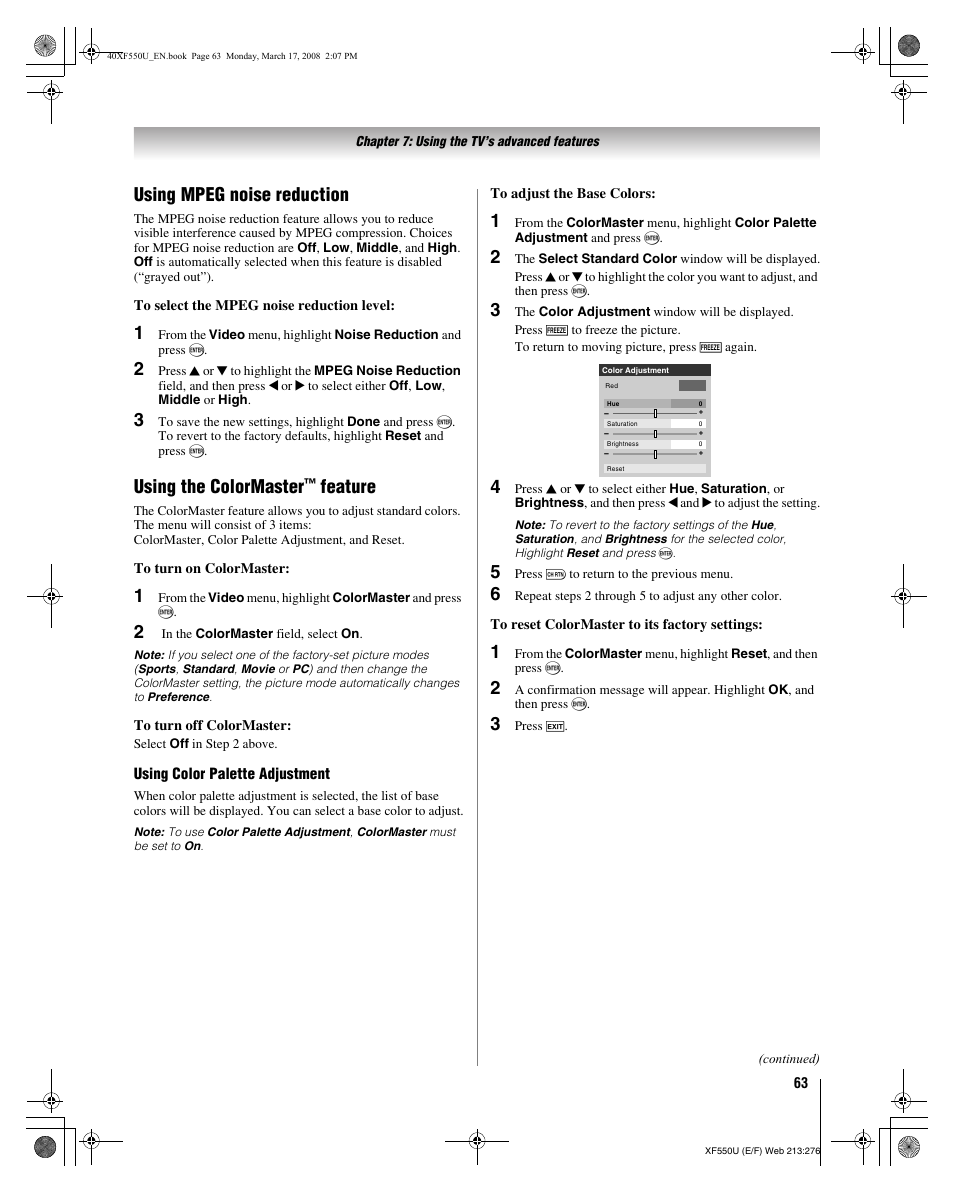 Using mpeg noise reduction, Using the colormaster, Feature | Toshiba 2XF550U User Manual | Page 63 / 74