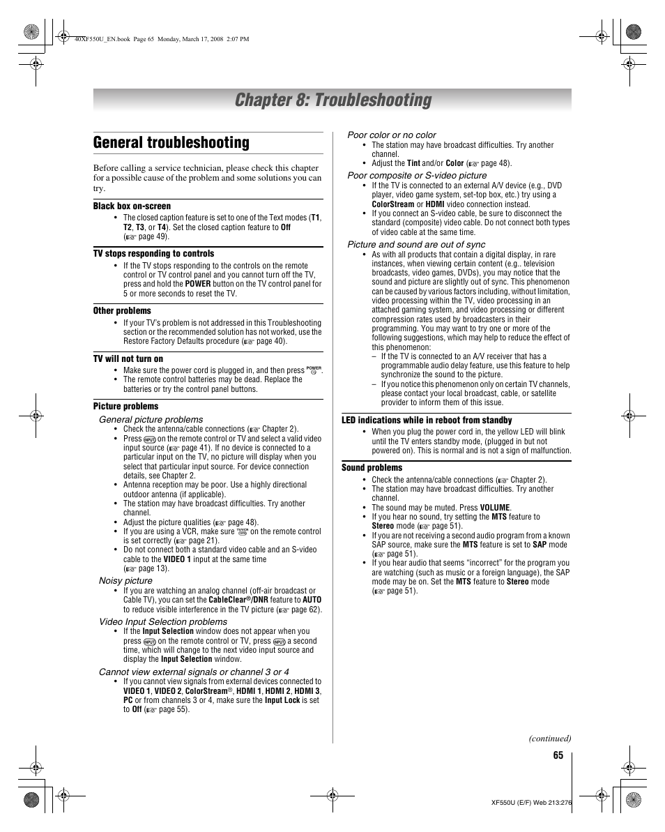 Chapter 8: troubleshooting, General troubleshooting | Toshiba 2XF550U User Manual | Page 65 / 74