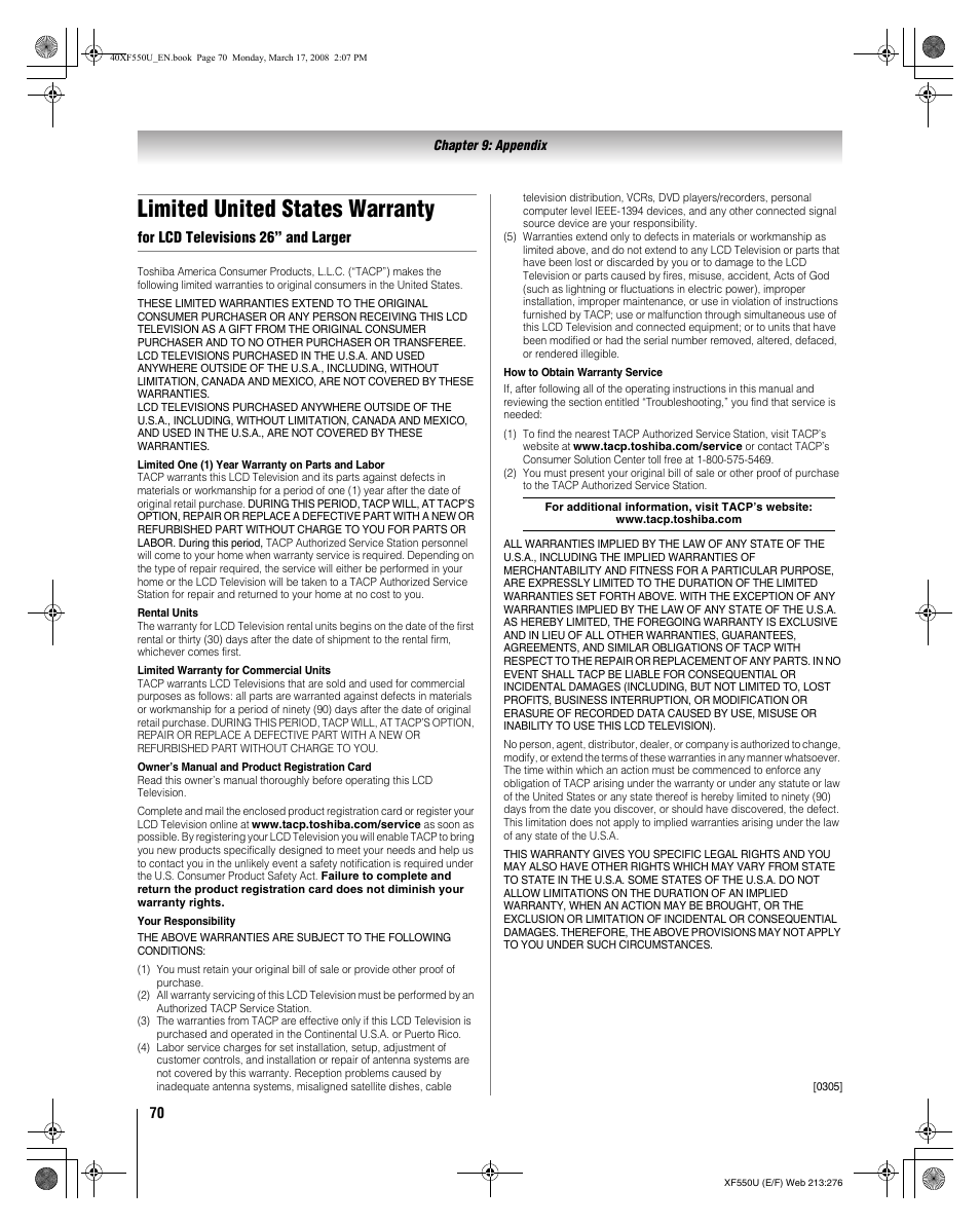 Limited united states warranty | Toshiba 2XF550U User Manual | Page 70 / 74