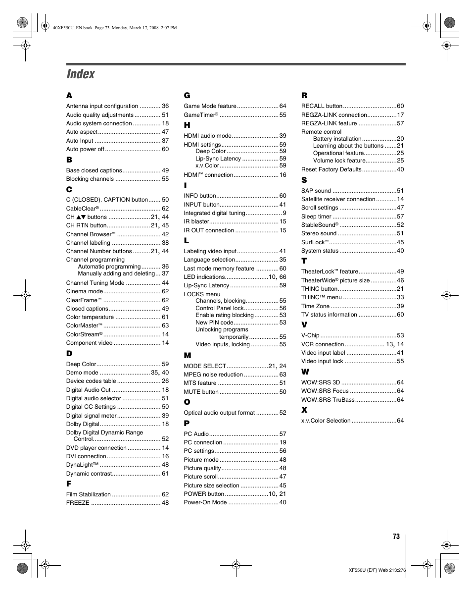 Index | Toshiba 2XF550U User Manual | Page 73 / 74