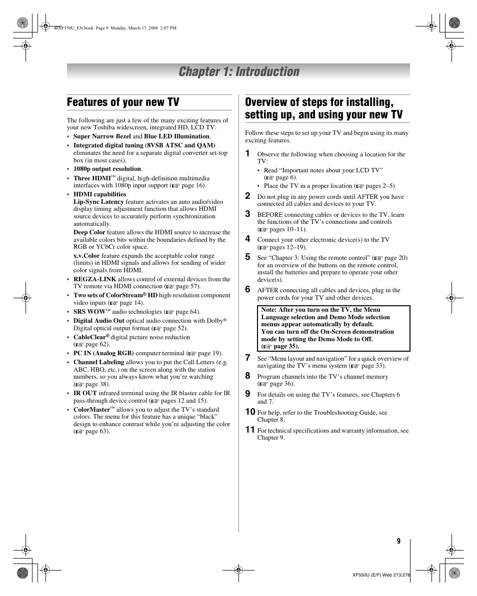 Chapter 1: introduction, Features of your new tv | Toshiba 2XF550U User Manual | Page 9 / 74