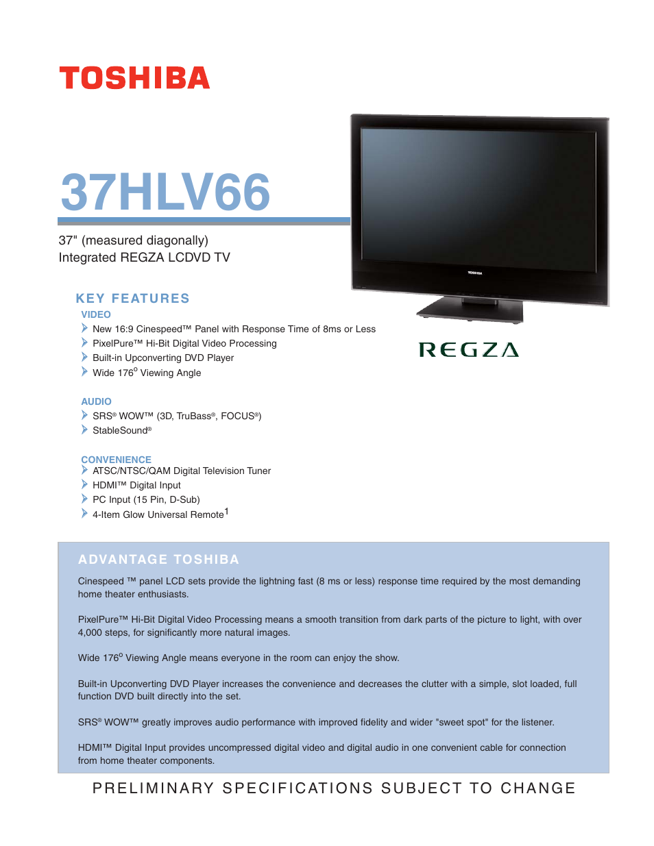 Toshiba REGZA 37HLV66 User Manual | 2 pages