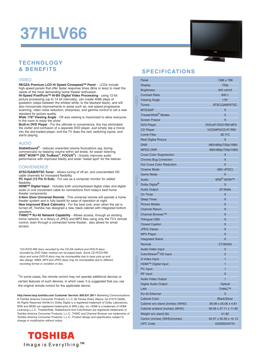 37hlv66, Video, Audio | Convenience | Toshiba REGZA 37HLV66 User Manual | Page 2 / 2
