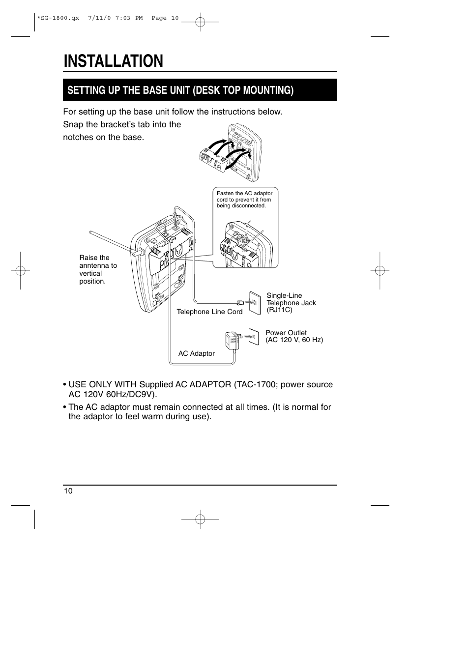 Installation, Setting up the base unit (desk top mounting) | Toshiba SG-1800 User Manual | Page 10 / 42