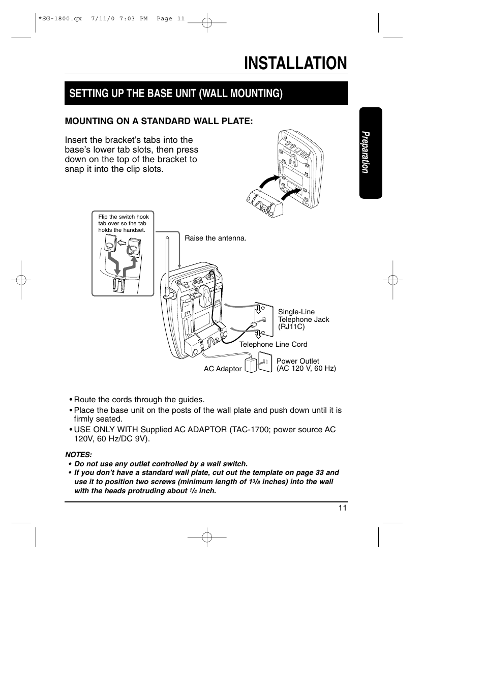 Installation, Setting up the base unit (wall mounting), Preparation | Toshiba SG-1800 User Manual | Page 11 / 42