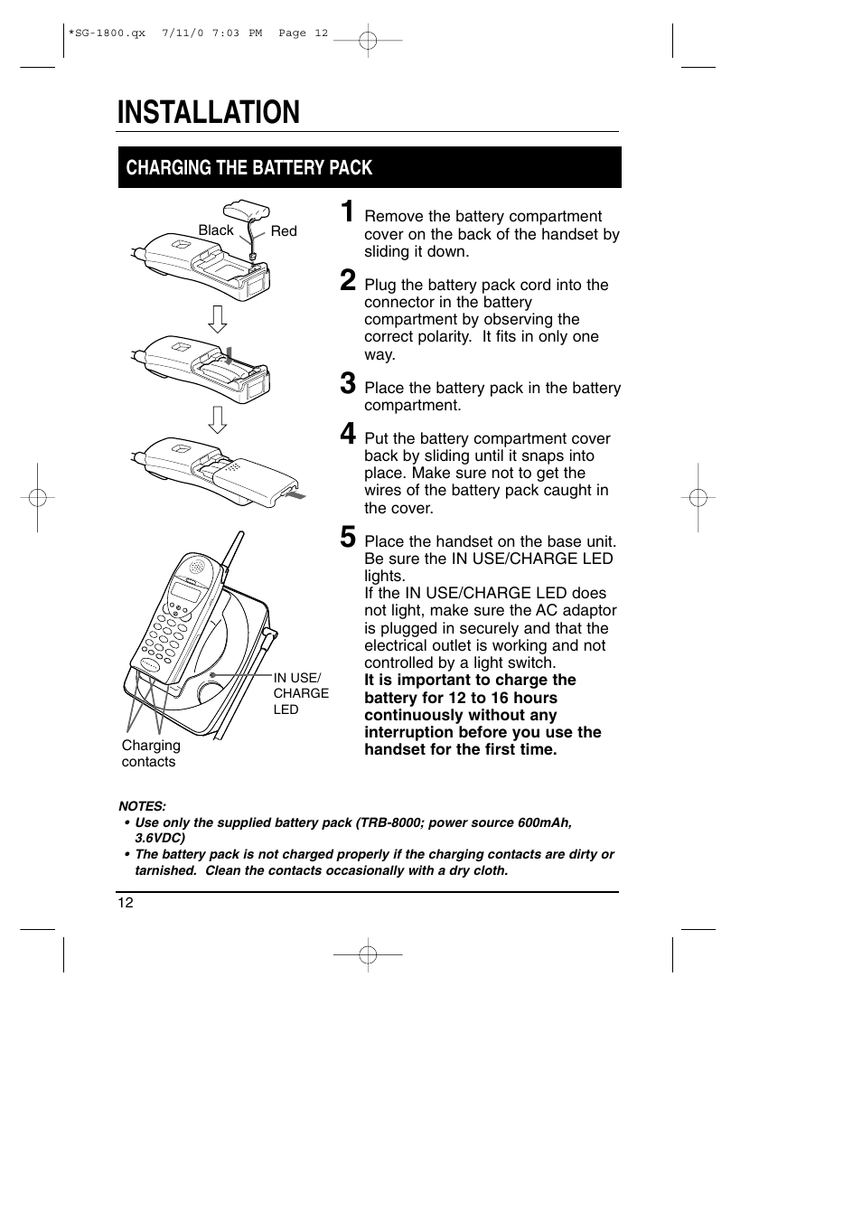 Installation | Toshiba SG-1800 User Manual | Page 12 / 42