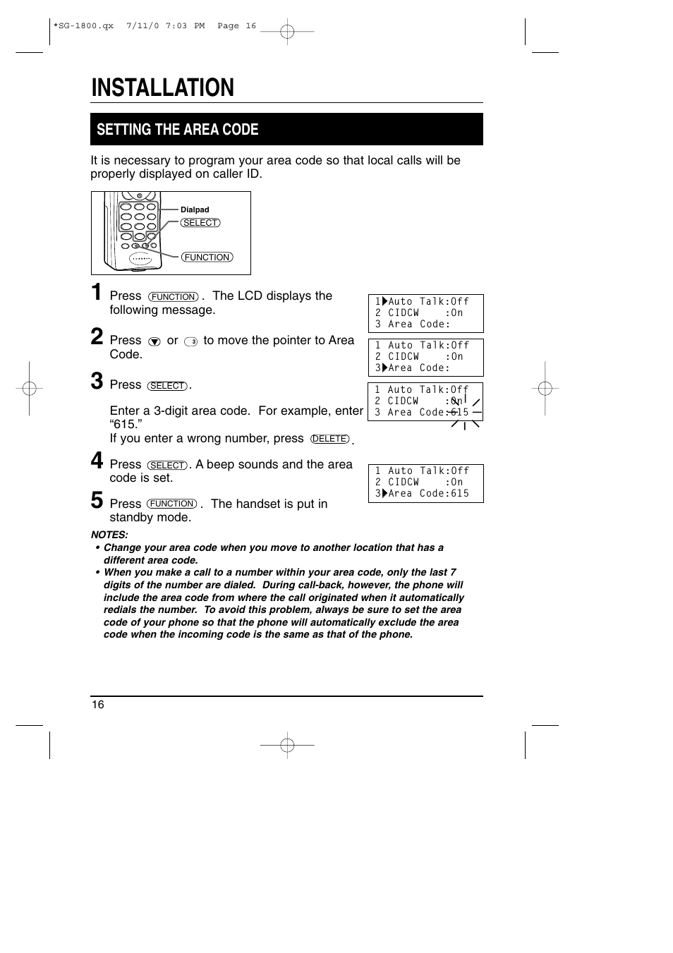 Installation, Setting the area code | Toshiba SG-1800 User Manual | Page 16 / 42