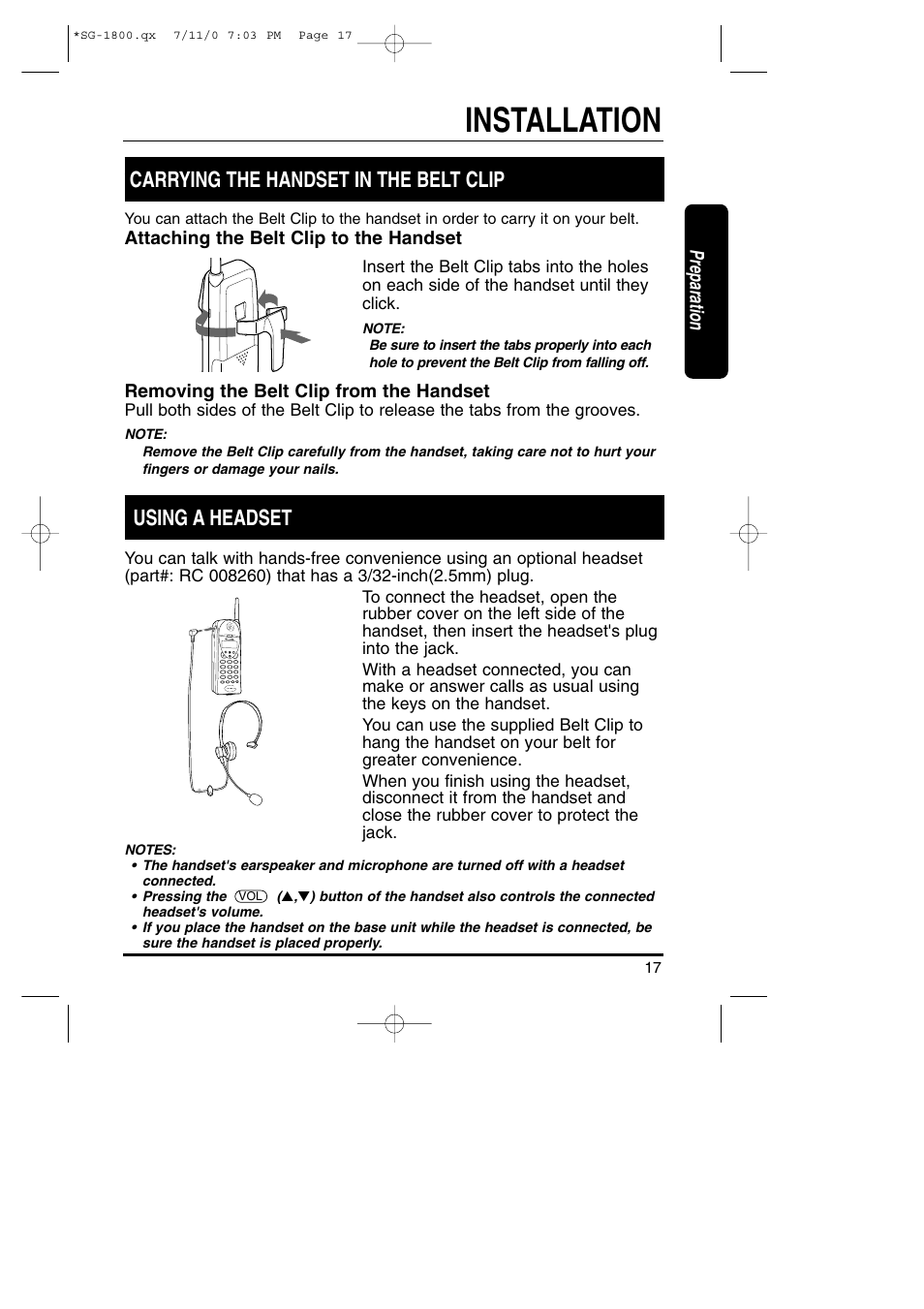 Installation, Carrying the handset in the belt clip, Using a headset | Preparation | Toshiba SG-1800 User Manual | Page 17 / 42