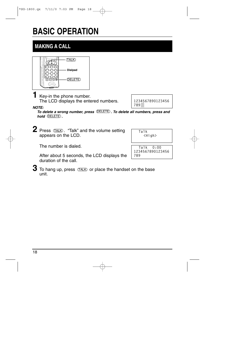 Basic operation, Making a call | Toshiba SG-1800 User Manual | Page 18 / 42