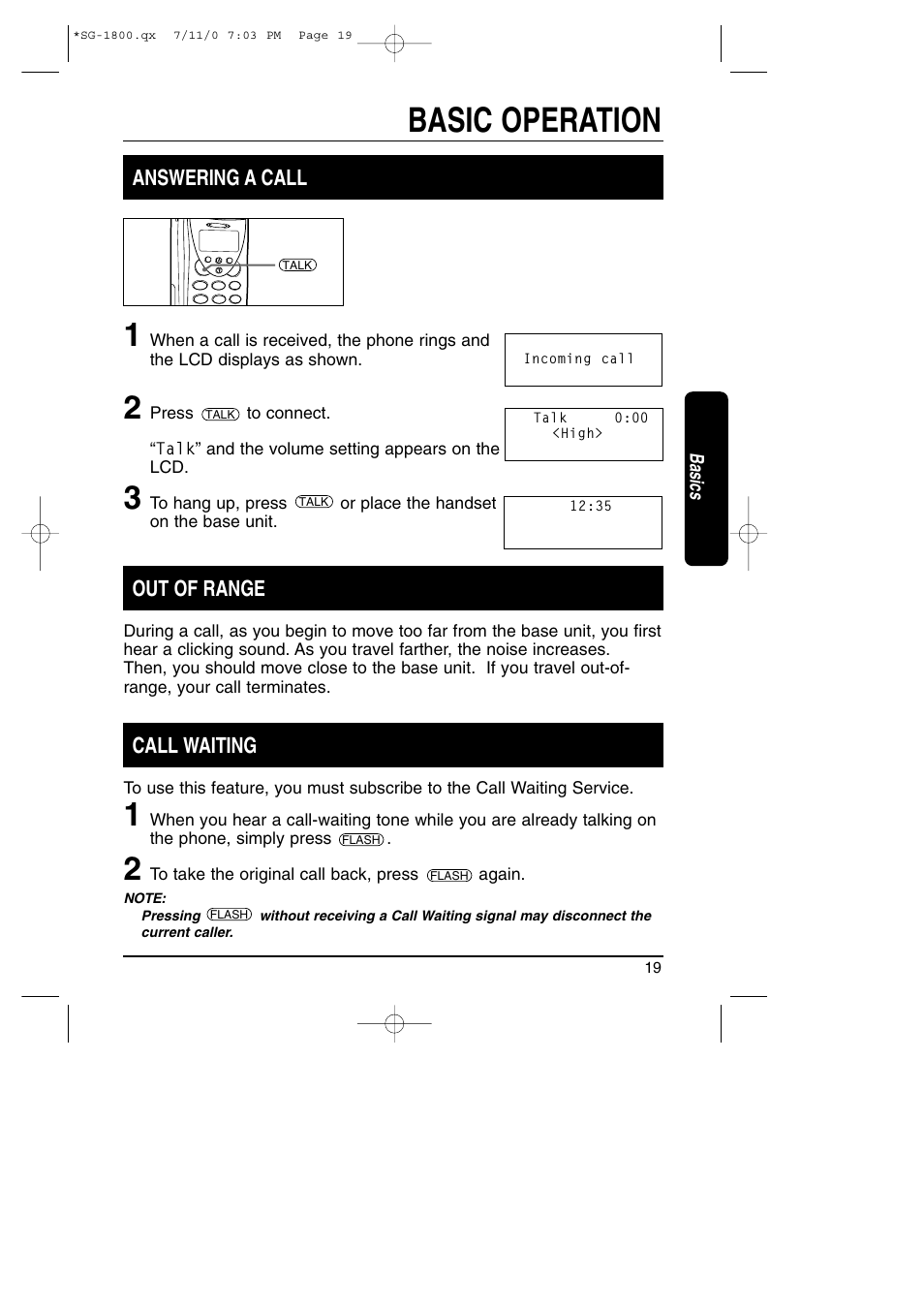 Basic operation, Answering a call, Out of range | Call waiting | Toshiba SG-1800 User Manual | Page 19 / 42
